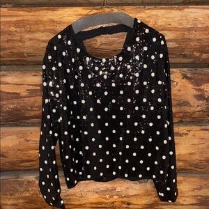 FRNCH Black Sequin Blouse with White Polka Dots